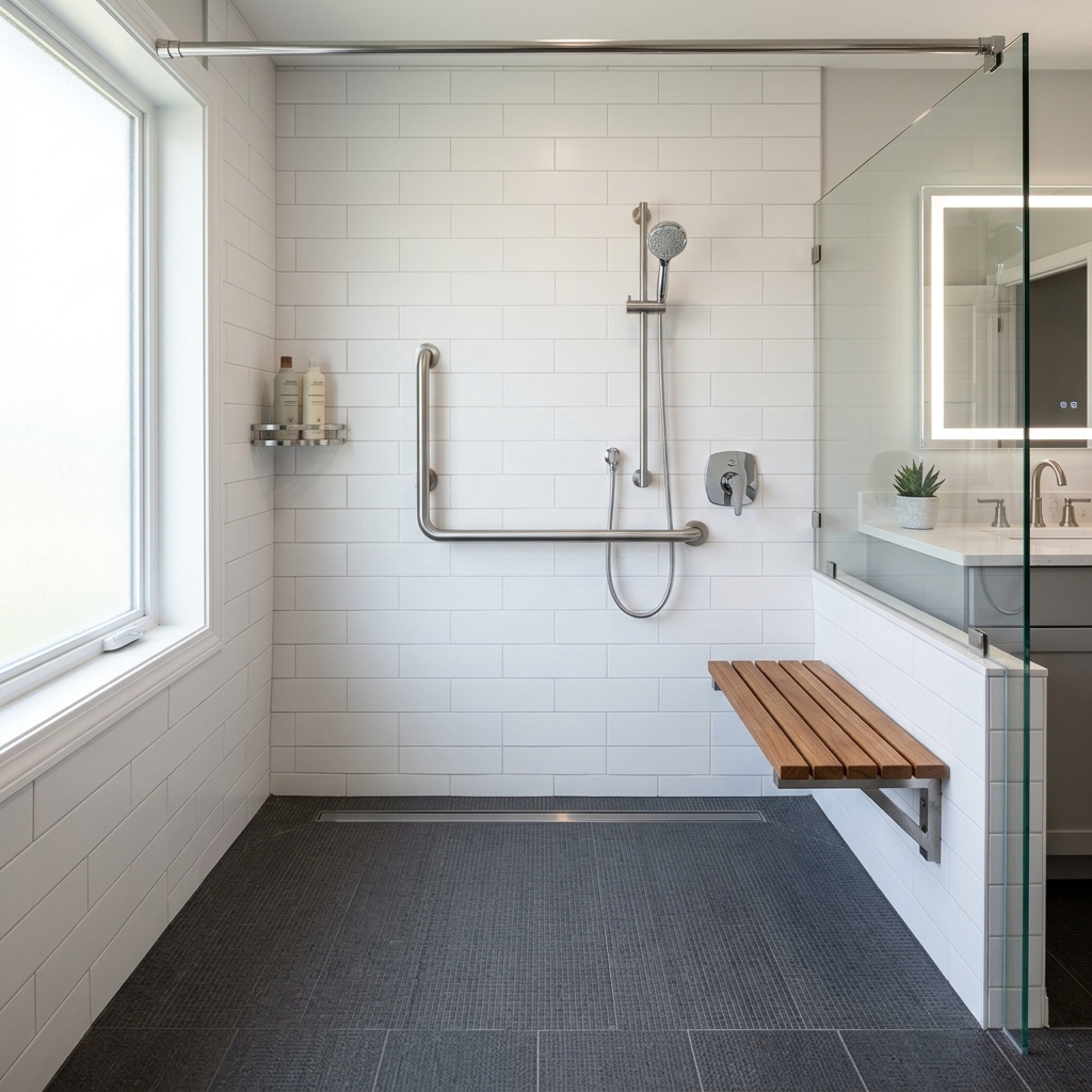 Accessible bathroom with grab bars and walk-in shower