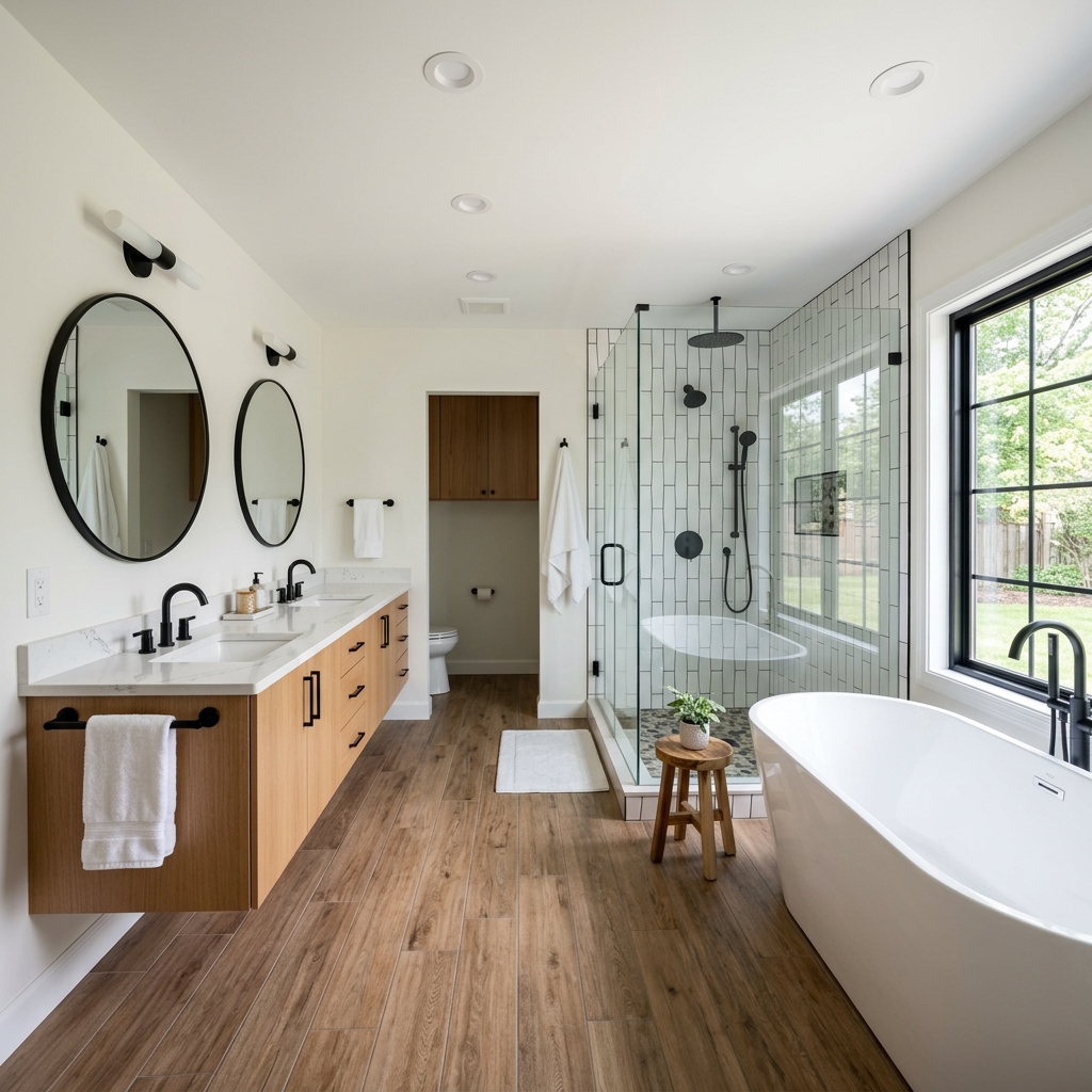 Fully renovated modern bathroom with new layout