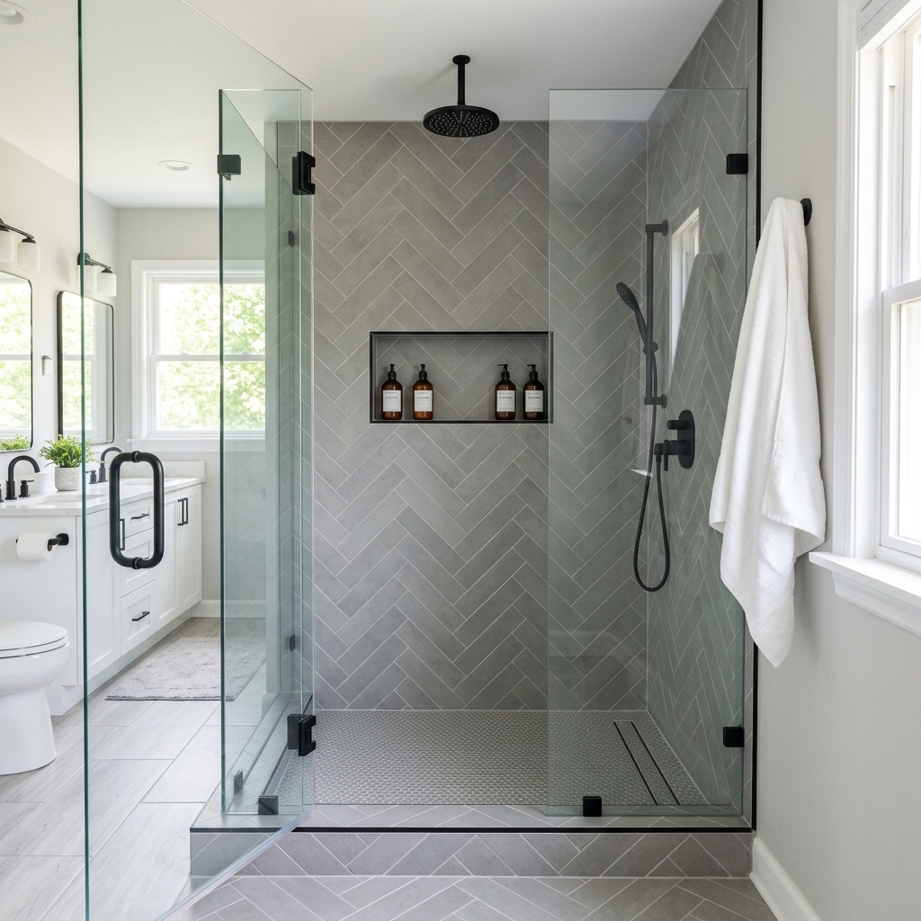 Modern walk-in shower with tile walls and glass door