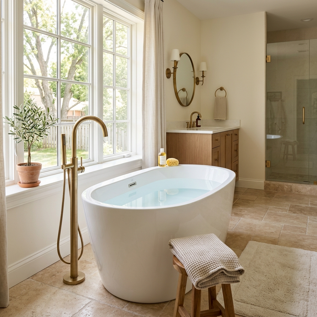 Freestanding soaking tub in a renovated bathroom
