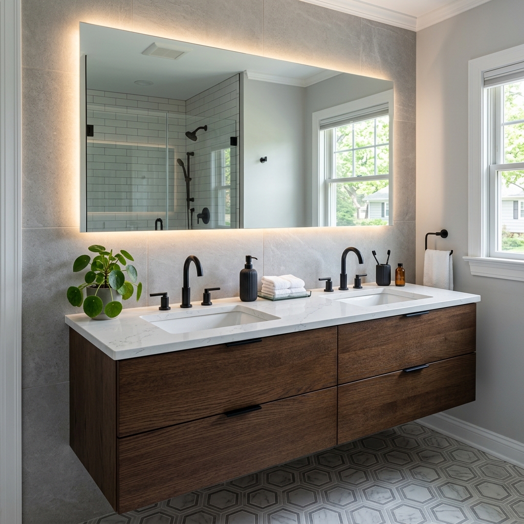 Double vanity with quartz countertop and modern fixtures