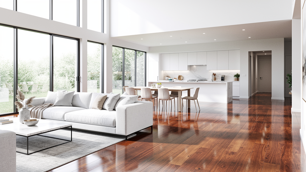 Flooring contractor installing hardwood floors in a modern home