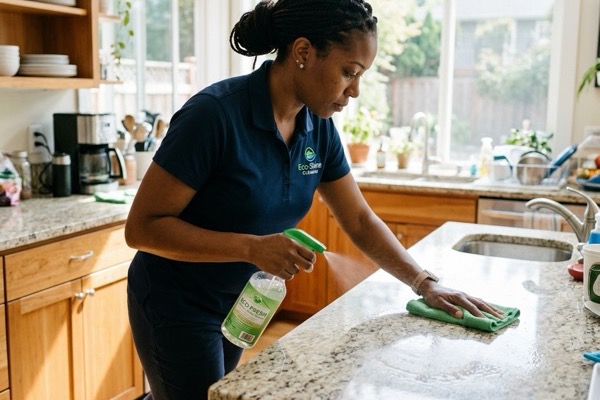 Green cleaning supplies on a kitchen island