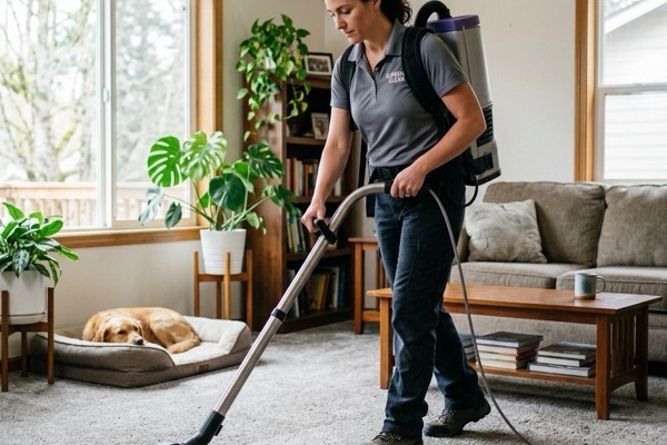 A clean living room with vacuum lines on the carpet